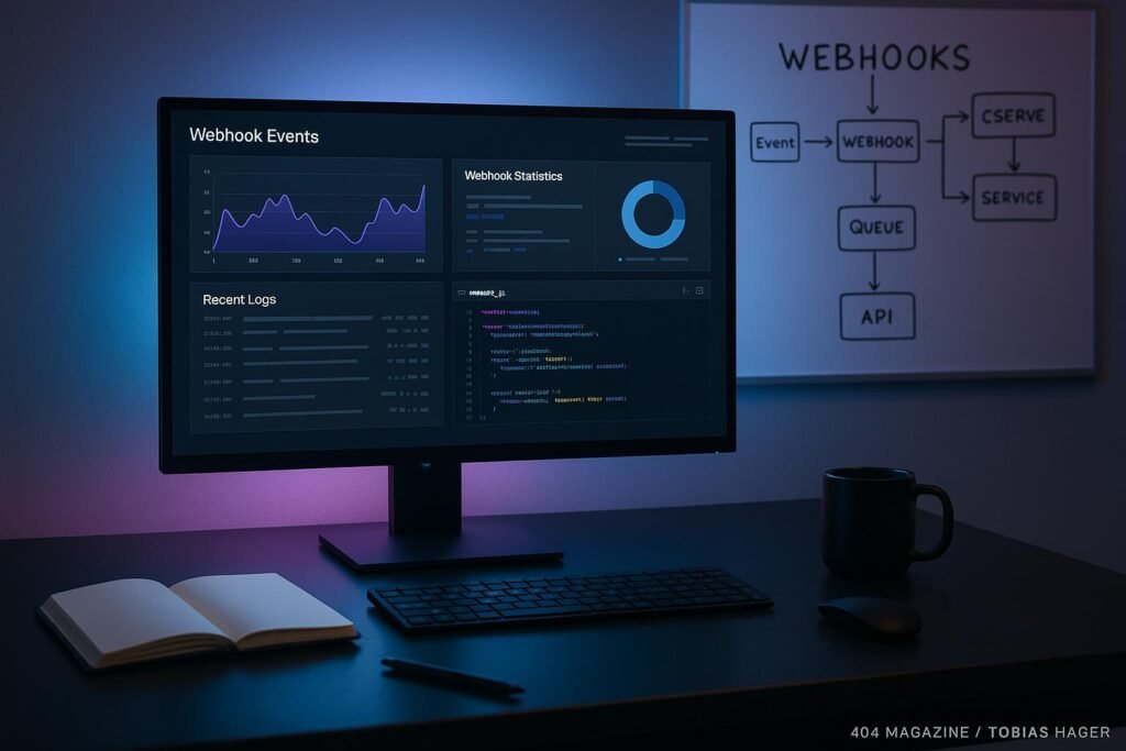 Moderner Entwicklerarbeitsplatz mit Monitor, Whiteboard und Notizbüchern, beleuchtet durch ambientes Licht, mit Fokus auf Webhook- und DevOps-Workflows.