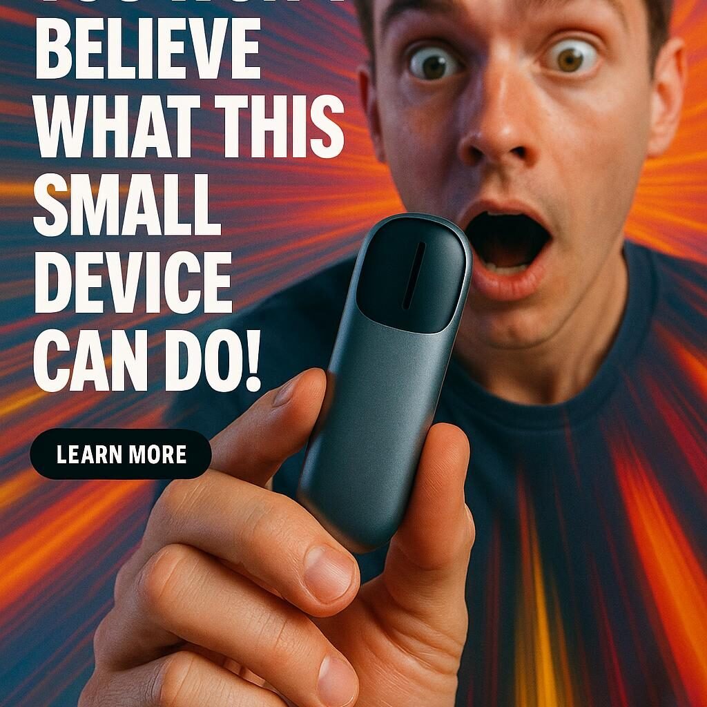 Person hält ein innovatives Gadget in der Hand, mit überrascht Blick und dynamischem, buntem Hintergrund, visualisiert Energie und Innovation