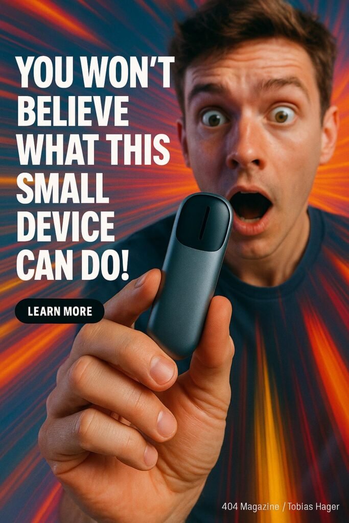 Person hält ein innovatives Gadget in der Hand, mit überrascht Blick und dynamischem, buntem Hintergrund, visualisiert Energie und Innovation