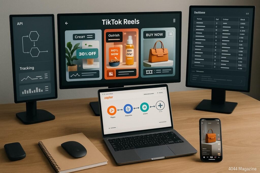 Moderner Arbeitsplatz mit Bildschirmen, die TikTok-Reels, API-Diagramme, Tracking-Tools und eine Produktdatenbank anzeigen, mit Notebook, Smartphone und Automatisierungssoftware.