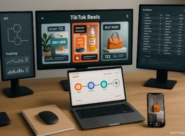 Moderner Arbeitsplatz mit Bildschirmen, die TikTok-Reels, API-Diagramme, Tracking-Tools und eine Produktdatenbank anzeigen, mit Notebook, Smartphone und Automatisierungssoftware.