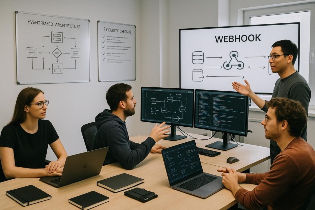 Team arbeitet in modernem Büro mit Monitoren, Whiteboards und Präsentation zum Webhook-Konzept