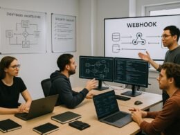 Team arbeitet in modernem Büro mit Monitoren, Whiteboards und Präsentation zum Webhook-Konzept