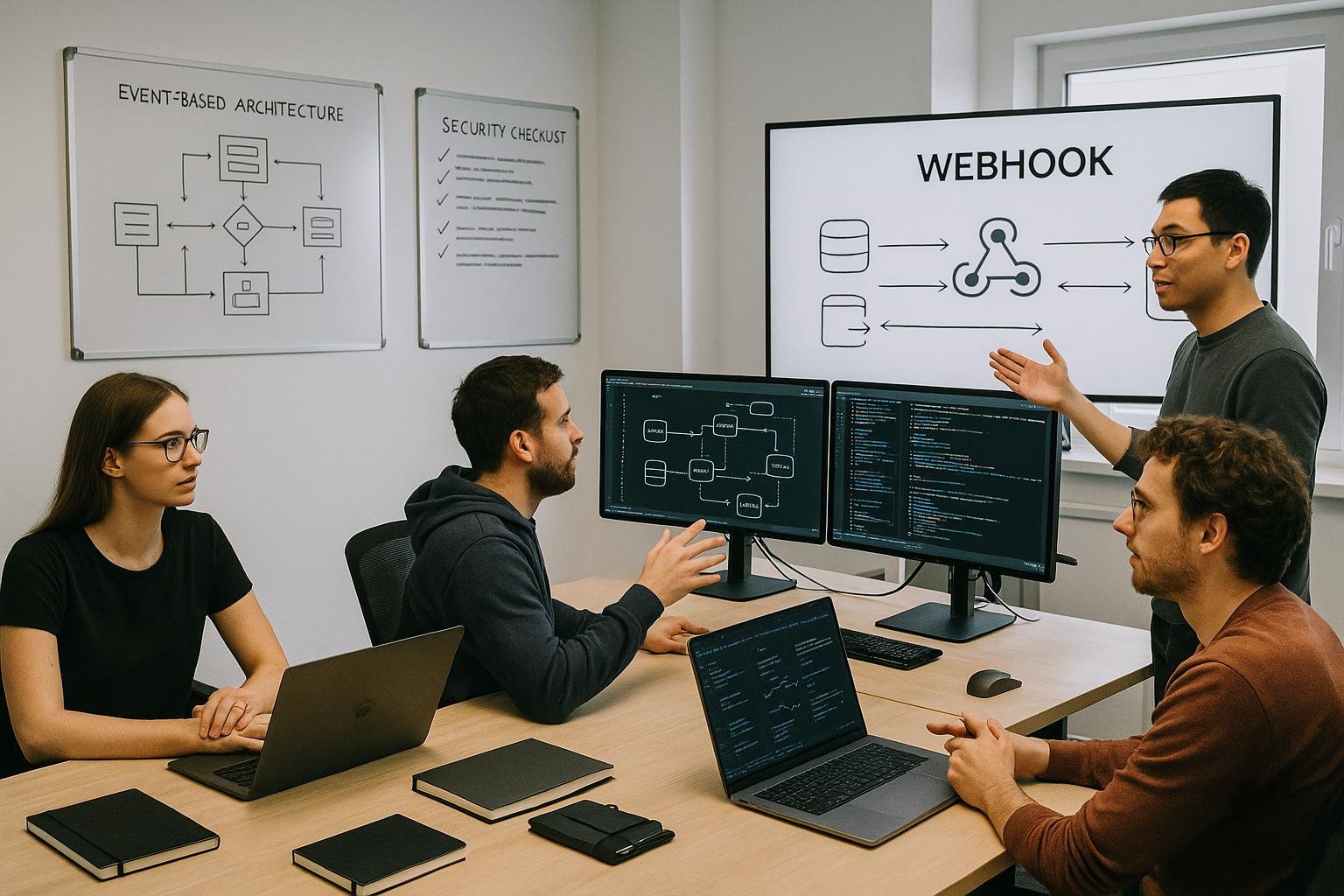 Team arbeitet in modernem Büro mit Monitoren, Whiteboards und Präsentation zum Webhook-Konzept