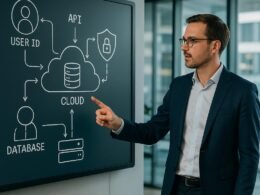 Mensch in Business-Kleidung zeigt auf ein großes digitales Whiteboard mit Datenarchitektur, während im Hintergrund Kollegen diskutieren, Profis in einem innovativen Büro.
