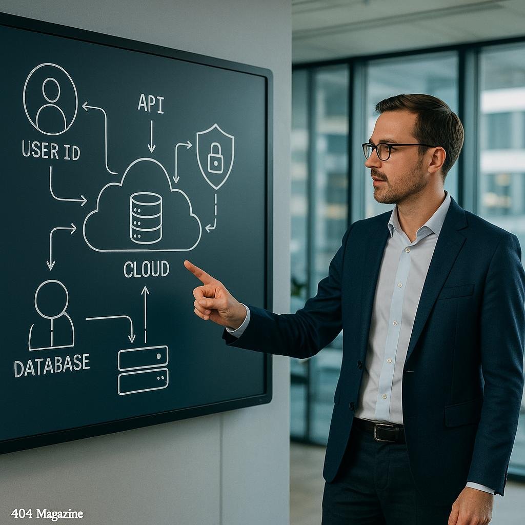 Mensch in Business-Kleidung zeigt auf ein großes digitales Whiteboard mit Datenarchitektur, während im Hintergrund Kollegen diskutieren, Profis in einem innovativen Büro.
