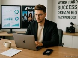 Junger Unternehmer arbeitet in modernem, hell erleuchteten Büro mit Monitoren, Notizen, Kaffee, Smartphone und technischer Ausstattung.