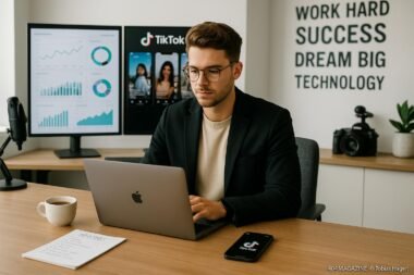 Junger Unternehmer arbeitet in modernem, hell erleuchteten Büro mit Monitoren, Notizen, Kaffee, Smartphone und technischer Ausstattung.