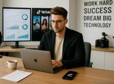 Junger Unternehmer arbeitet in modernem, hell erleuchteten Büro mit Monitoren, Notizen, Kaffee, Smartphone und technischer Ausstattung.