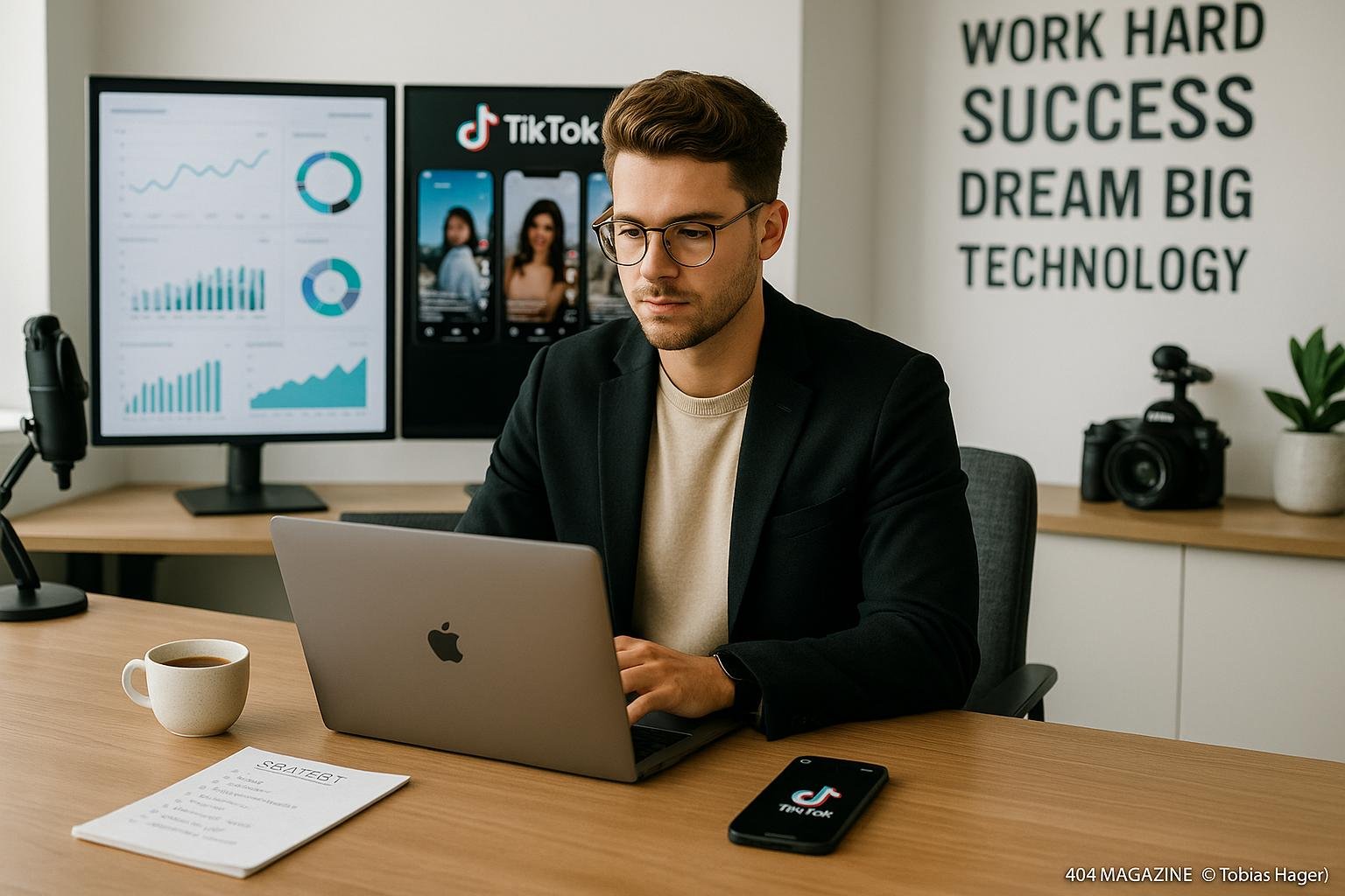 Junger Unternehmer arbeitet in modernem, hell erleuchteten Büro mit Monitoren, Notizen, Kaffee, Smartphone und technischer Ausstattung.