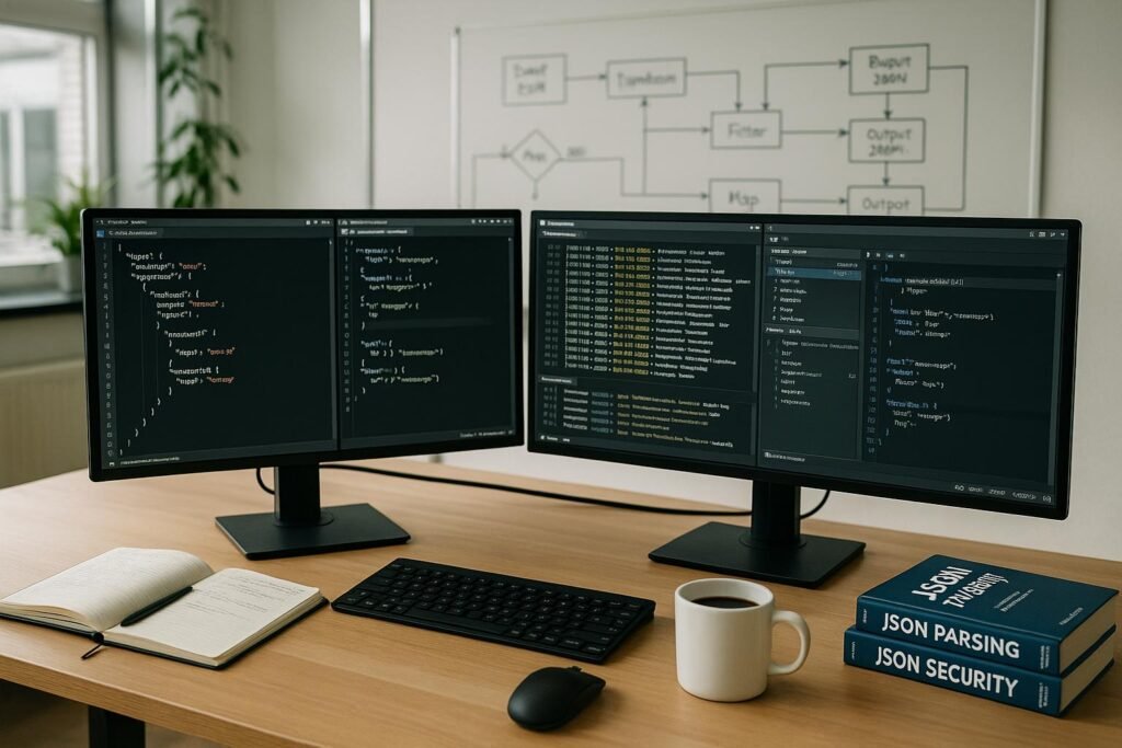 Ein professioneller Entwicklerarbeitsplatz mit zwei Monitoren, Code-Editoren, JSON-Daten, Notizbüchern, Kaffee und Referenzbüchern in einem gut beleuchteten Büro