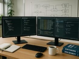 Ein professioneller Entwicklerarbeitsplatz mit zwei Monitoren, Code-Editoren, JSON-Daten, Notizbüchern, Kaffee und Referenzbüchern in einem gut beleuchteten Büro