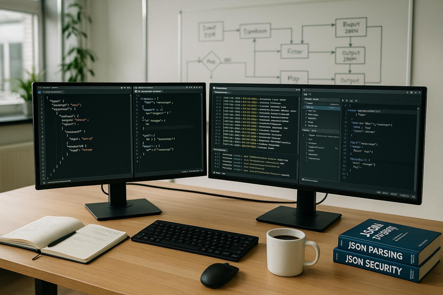 Ein professioneller Entwicklerarbeitsplatz mit zwei Monitoren, Code-Editoren, JSON-Daten, Notizbüchern, Kaffee und Referenzbüchern in einem gut beleuchteten Büro