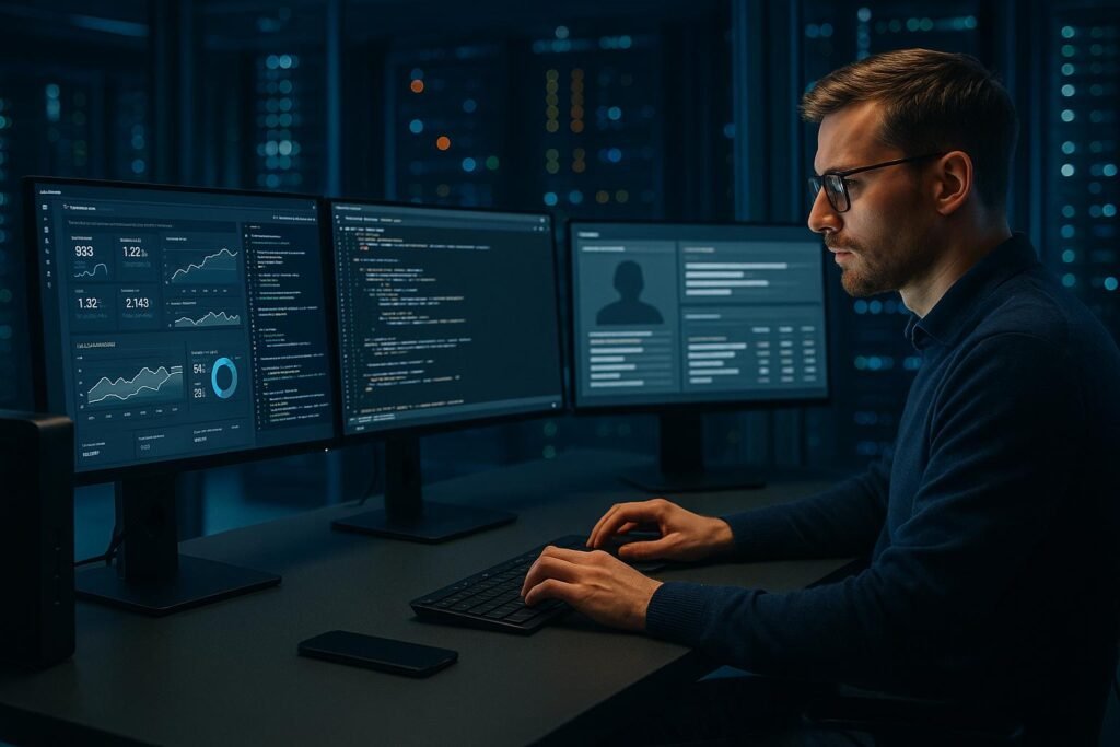 Moderner digitally Arbeitsplatz mit mehreren Bildschirmen, Serverraum im Hintergrund und Entwickler bei der Arbeit, symbolisiert Datenmanagement und Kontrolle.