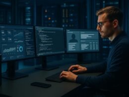 Moderner digitally Arbeitsplatz mit mehreren Bildschirmen, Serverraum im Hintergrund und Entwickler bei der Arbeit, symbolisiert Datenmanagement und Kontrolle.