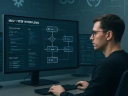 Moderner Arbeitsplatz mit mehreren Monitoren, Automatisierungsdiagrammen und Entwickler bei der Arbeit in einem minimalistischen Büro