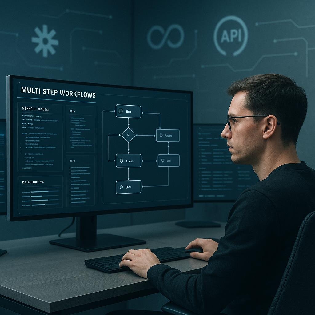 Moderner Arbeitsplatz mit mehreren Monitoren, Automatisierungsdiagrammen und Entwickler bei der Arbeit in einem minimalistischen Büro