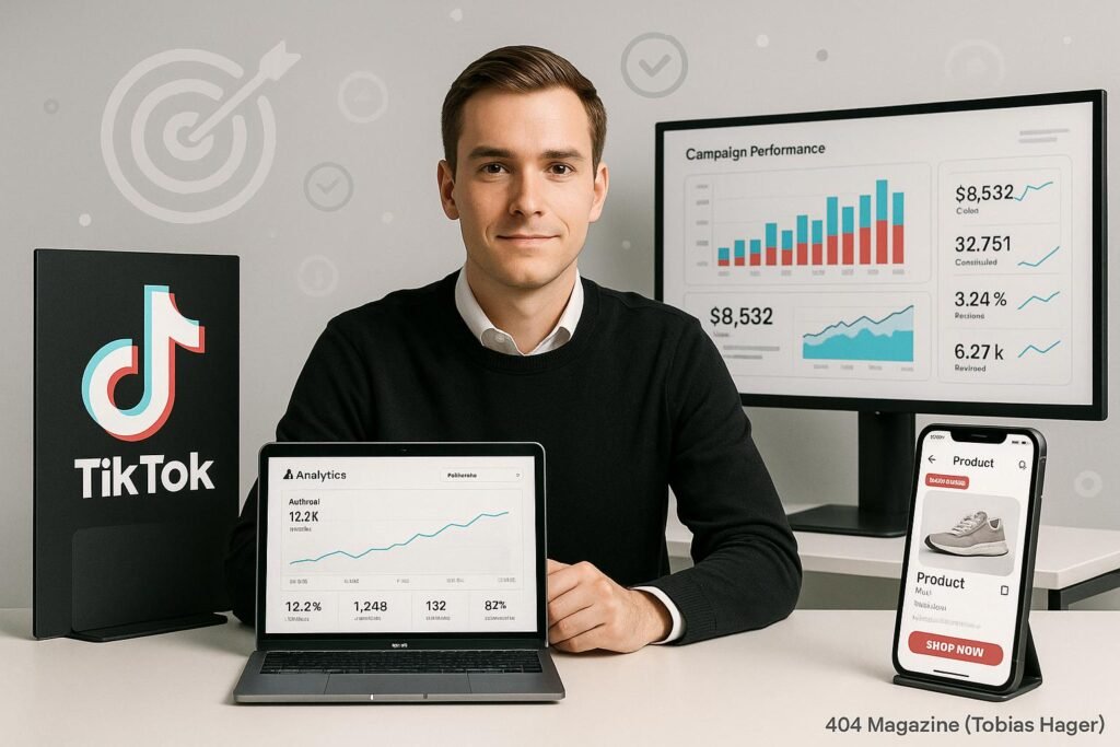 Moderner Arbeitsplatz mit Laptop, Monitoren und Smartphone, zeigt TikTok-Analysen, Produktseiten und Marketing-Icons