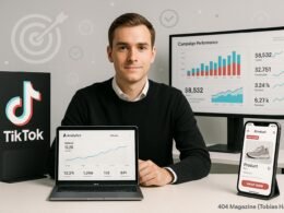 Moderner Arbeitsplatz mit Laptop, Monitoren und Smartphone, zeigt TikTok-Analysen, Produktseiten und Marketing-Icons