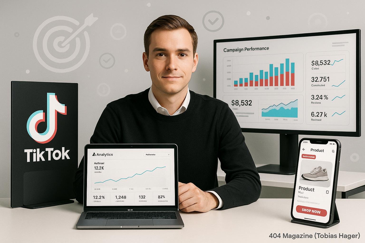 Moderner Arbeitsplatz mit Laptop, Monitoren und Smartphone, zeigt TikTok-Analysen, Produktseiten und Marketing-Icons