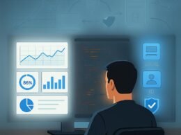 Moderner digitaler Arbeitsplatz mit mehreren Bildschirmen, Entwickler bei der Codierung, Datenflussgrafik und Datenschutzsymbole, Credit: 404 Magazine (Tobias Hager)