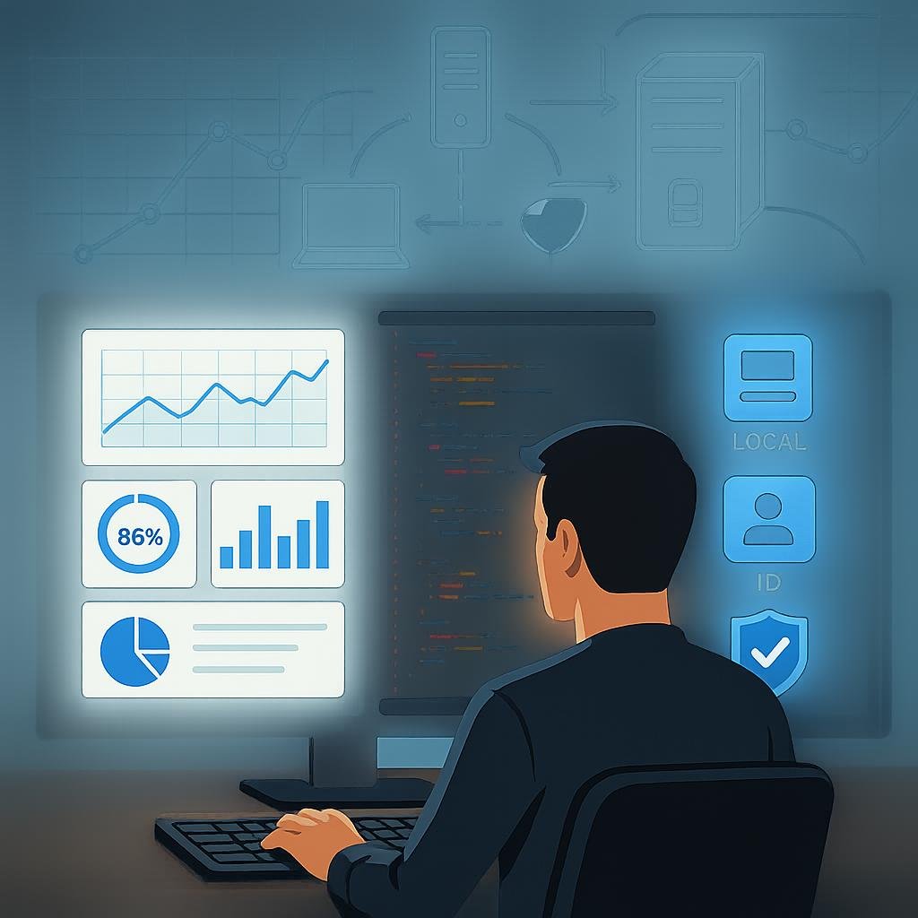 Moderner digitaler Arbeitsplatz mit mehreren Bildschirmen, Entwickler bei der Codierung, Datenflussgrafik und Datenschutzsymbole, Credit: 404 Magazine (Tobias Hager)