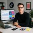 Junger Digital Marketer am modernen Arbeitsplatz mit TikTok-Analysen auf Monitor, Laptop, Smartphone und kreativen Tools, stilvolle minimalistische Büroumgebung.