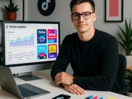 Junger Digital Marketer am modernen Arbeitsplatz mit TikTok-Analysen auf Monitor, Laptop, Smartphone und kreativen Tools, stilvolle minimalistische Büroumgebung.