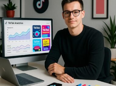 Junger Digital Marketer am modernen Arbeitsplatz mit TikTok-Analysen auf Monitor, Laptop, Smartphone und kreativen Tools, stilvolle minimalistische Büroumgebung.