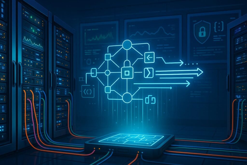 Futuristischer Serverraum mit glänzenden Serverracks, bunten Datenkabeln, blinkenden LEDs und holografischer Netzwerkdarstellung