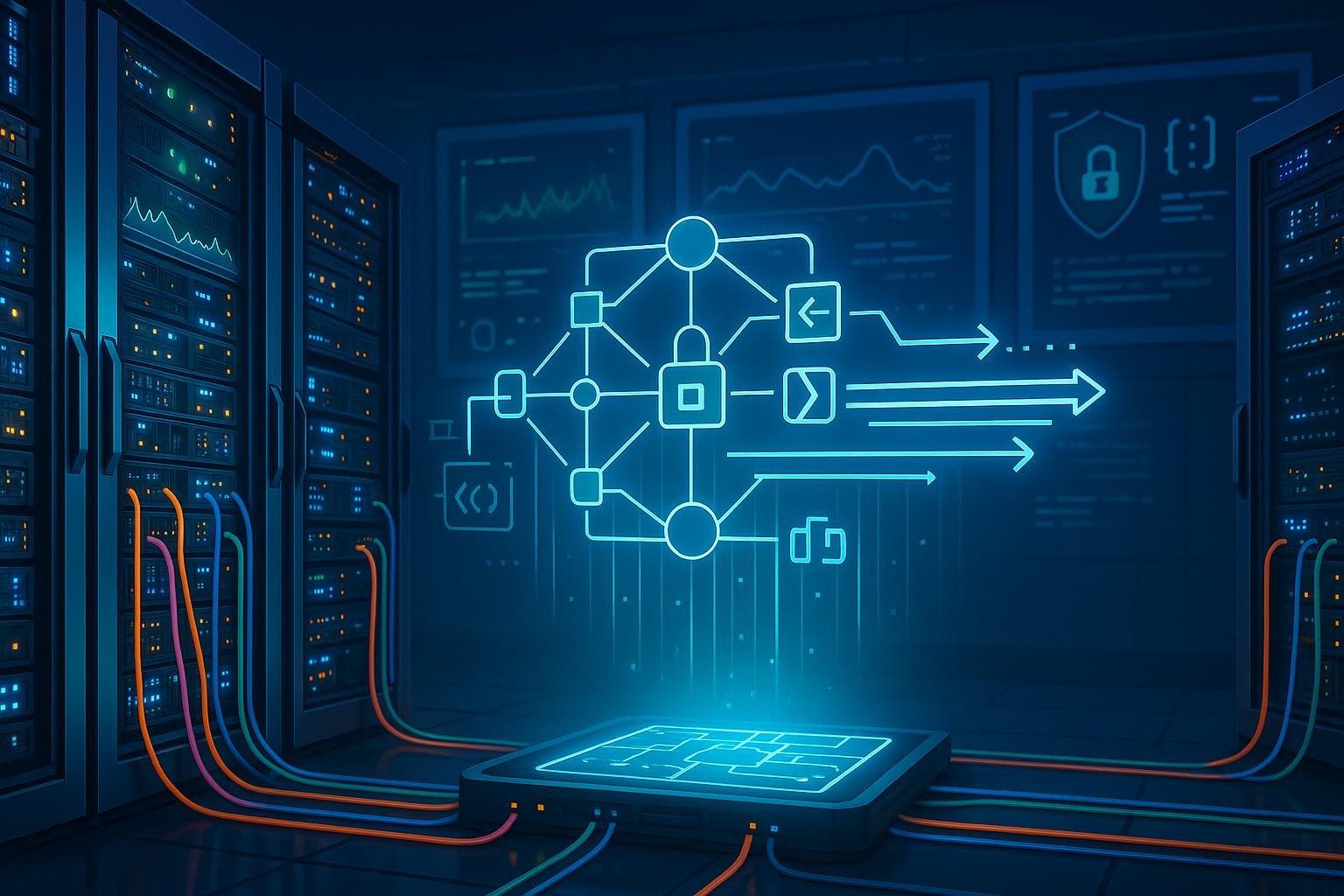 Futuristischer Serverraum mit glänzenden Serverracks, bunten Datenkabeln, blinkenden LEDs und holografischer Netzwerkdarstellung