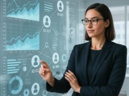 Moderne Büroszene mit Marketingprofi, der auf einem transparenten Bildschirm Daten visualisiert, im Hintergrund digitale Interfaces, Charts und Datenschutzsymbole