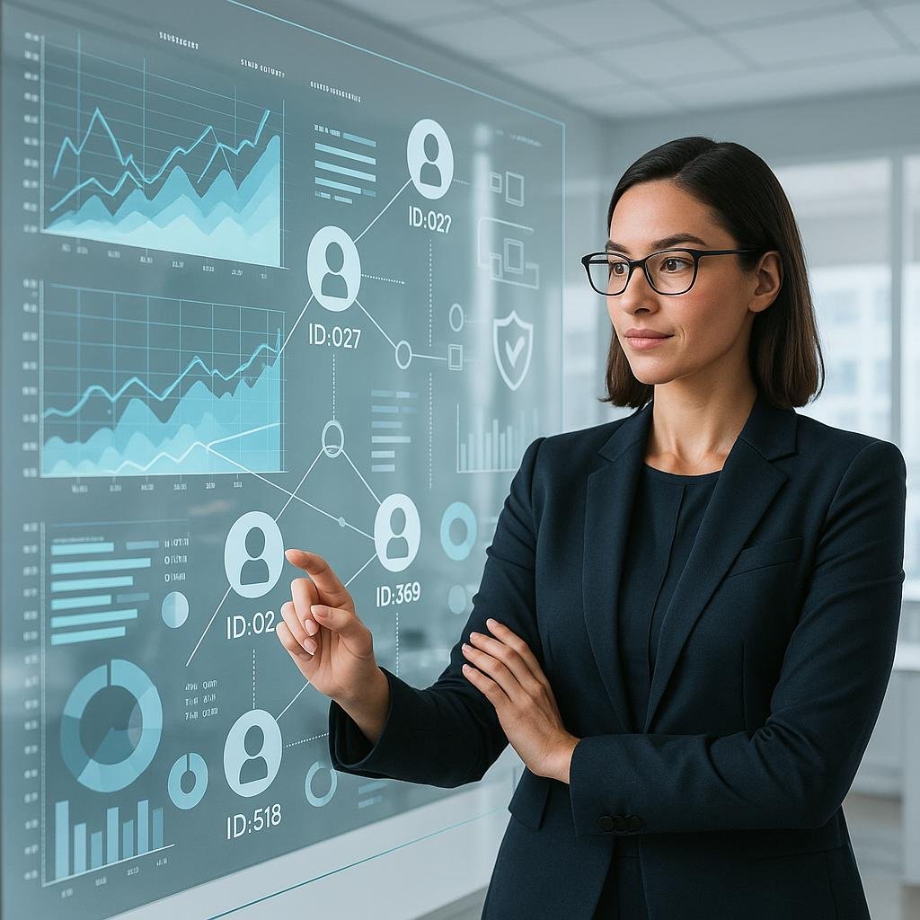 Moderne Büroszene mit Marketingprofi, der auf einem transparenten Bildschirm Daten visualisiert, im Hintergrund digitale Interfaces, Charts und Datenschutzsymbole
