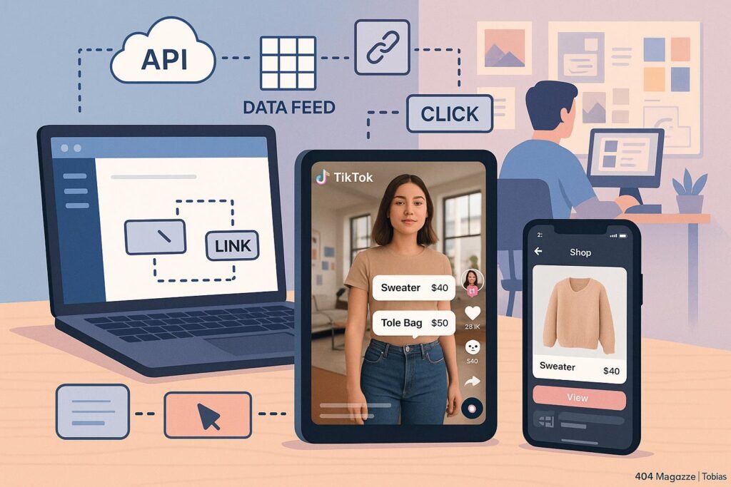 Moderner digitaler Arbeitsplatz mit Laptop, Tablet und Smartphone, die TikTok-Inhalte und interaktive Features zeigen, um die Integration von Content und Technologie zu verdeutlichen.