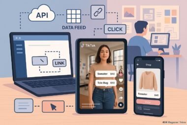Moderner digitaler Arbeitsplatz mit Laptop, Tablet und Smartphone, die TikTok-Inhalte und interaktive Features zeigen, um die Integration von Content und Technologie zu verdeutlichen.