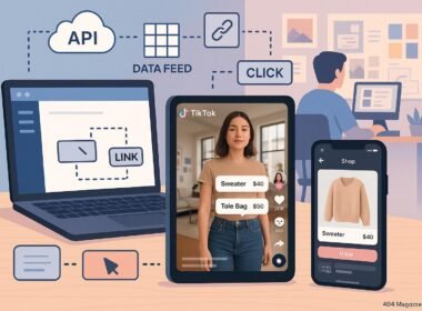 Moderner digitaler Arbeitsplatz mit Laptop, Tablet und Smartphone, die TikTok-Inhalte und interaktive Features zeigen, um die Integration von Content und Technologie zu verdeutlichen.