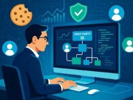 Moderner digitaler Arbeitsplatz mit einem männlichen Marketer, der an einem großen Bildschirm Daten visualisiert, umgeben von Icons für Cookies, Sicherheit und Nutzerprofile.