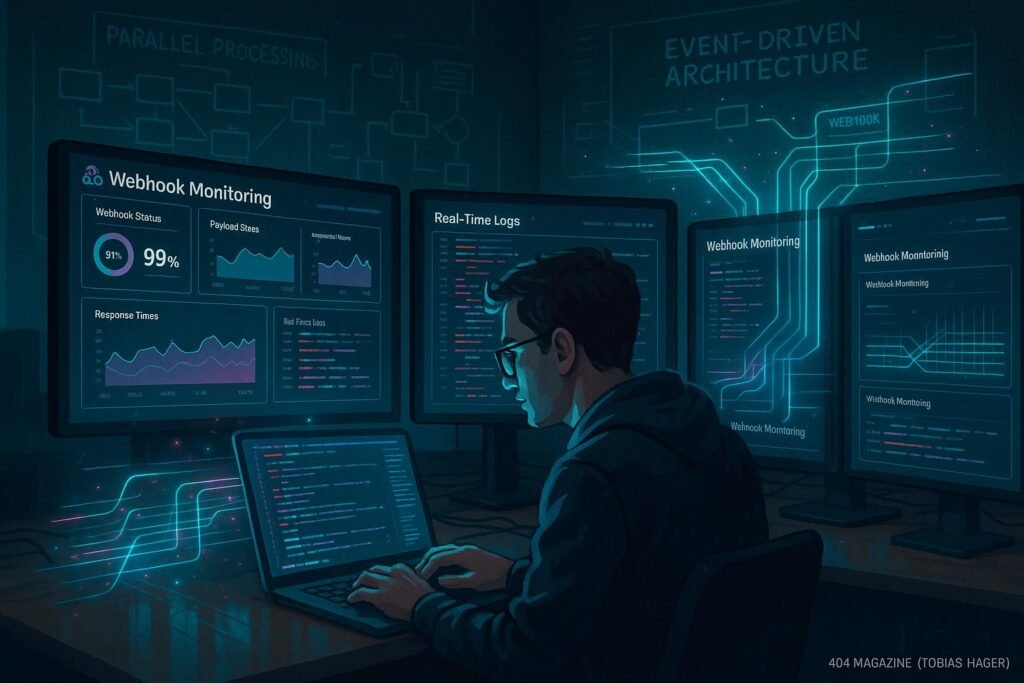 Moderner Entwicklerarbeitsplatz mit mehreren Monitoren, Live-Logs und holographischen Datenvisualisierungen zu Webhook-Streams, im Hintergrund Diagramme zu Parallel Processing und Event-Driven-Architekturen, entwickelt von Tobias Hager für 404 Magazine