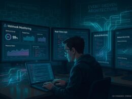 Moderner Entwicklerarbeitsplatz mit mehreren Monitoren, Live-Logs und holographischen Datenvisualisierungen zu Webhook-Streams, im Hintergrund Diagramme zu Parallel Processing und Event-Driven-Architekturen, entwickelt von Tobias Hager für 404 Magazine