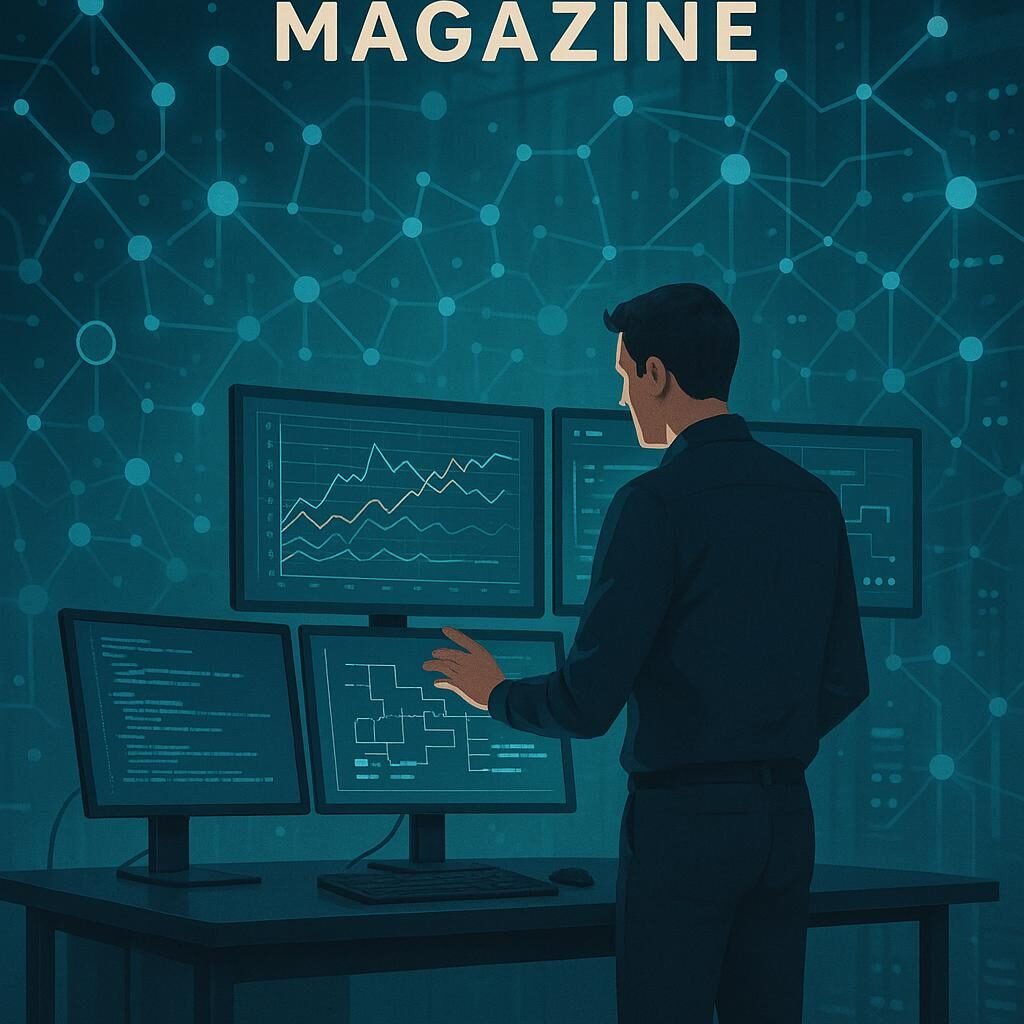 Moderner digitaler Arbeitsplatz mit mehreren Bildschirmen, Datenvisualisierungen und einer Person, die aktiv Daten analysiert, in einer futuristischen Umgebung.