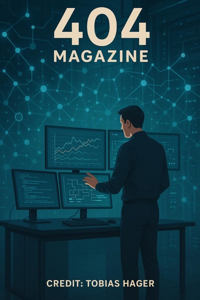 Moderner digitaler Arbeitsplatz mit mehreren Bildschirmen, Datenvisualisierungen und einer Person, die aktiv Daten analysiert, in einer futuristischen Umgebung.