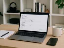 Heller Arbeitsbereich mit Laptop und Webhook-Konfigurationsseite, Notizblättern, Smartphone und Kaffeebecher, im Hintergrund weiße Regale mit technischen Geräten und Büchern