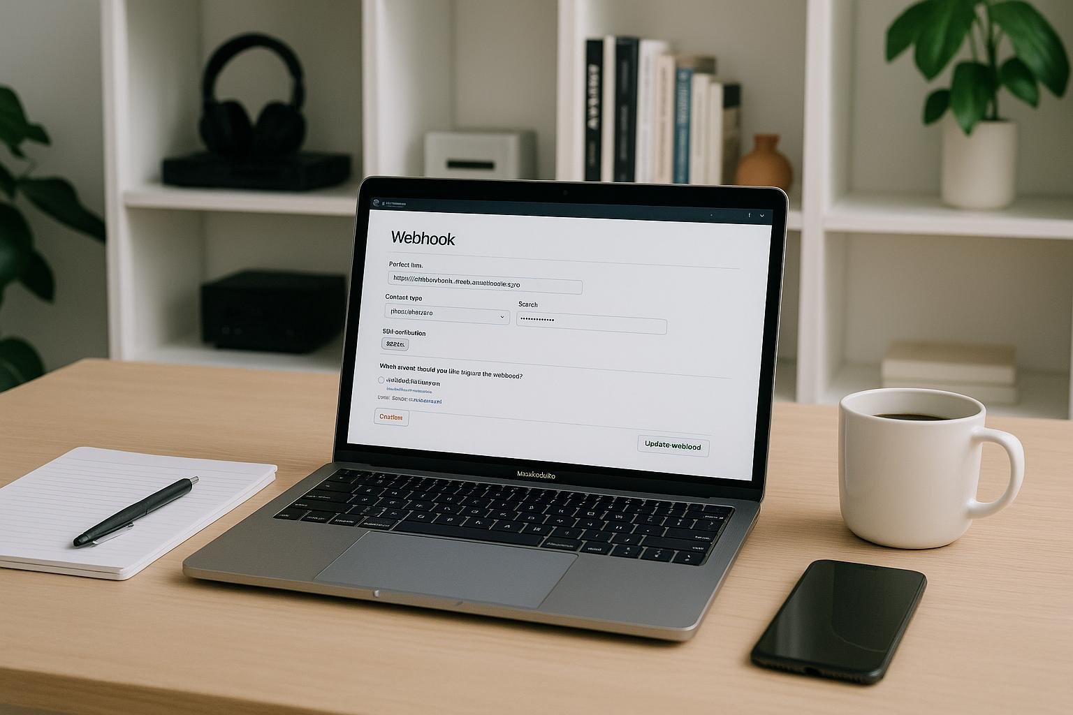 Heller Arbeitsbereich mit Laptop und Webhook-Konfigurationsseite, Notizblättern, Smartphone und Kaffeebecher, im Hintergrund weiße Regale mit technischen Geräten und Büchern