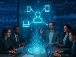 Futuristischer Konferenzraum mit Fachleuten, die an digitaler Datenanalyse und einer holografischen Nutzervernetzung arbeiten, mit Bildschirmen und modernen Geräten.