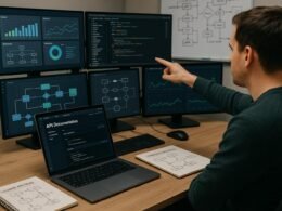 Person zeigt auf einen Bildschirm in einer modernen, technischen Arbeitsumgebung mit Diagrammen, Code-Snippets und Workflow-Flowcharts, umgeben von Notizbüchern und technischen Geräten.