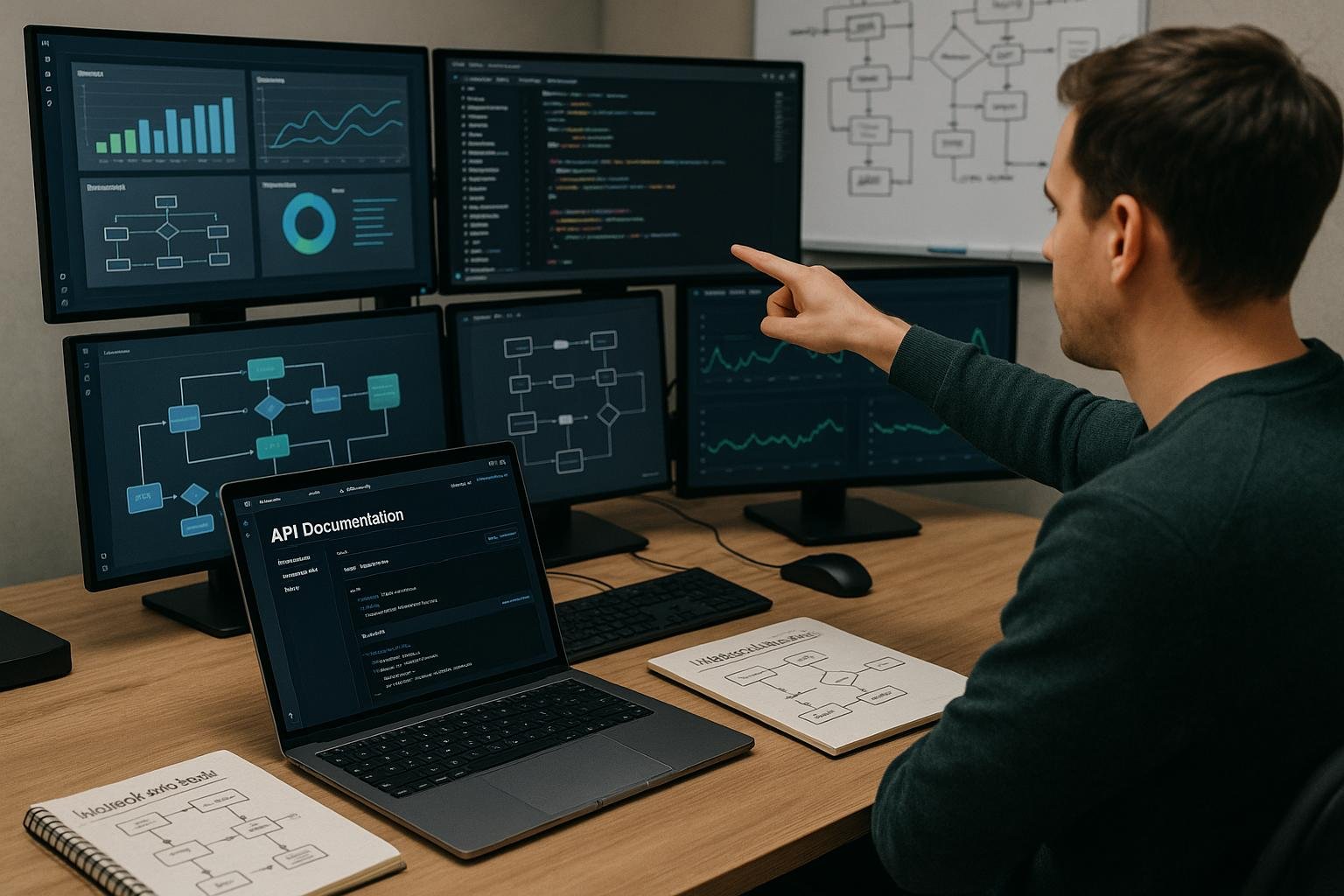 Person zeigt auf einen Bildschirm in einer modernen, technischen Arbeitsumgebung mit Diagrammen, Code-Snippets und Workflow-Flowcharts, umgeben von Notizbüchern und technischen Geräten.