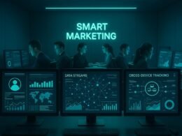 Modernes Kontrollzentrum mit leuchtenden Bildschirmen und einem Team von Datenexperten in einem futuristischen Raum, beleuchtet von blauen und grünen Neonlichtern.