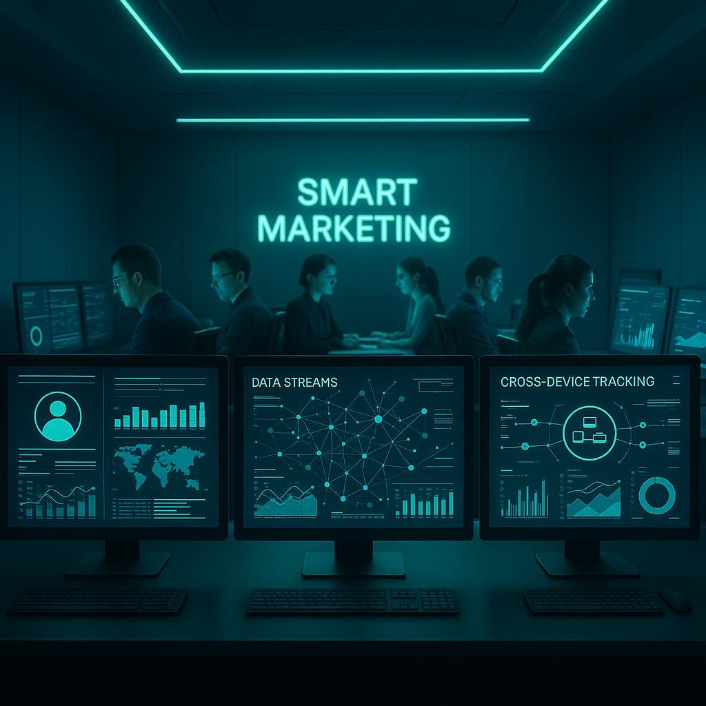 Modernes Kontrollzentrum mit leuchtenden Bildschirmen und einem Team von Datenexperten in einem futuristischen Raum, beleuchtet von blauen und grünen Neonlichtern.