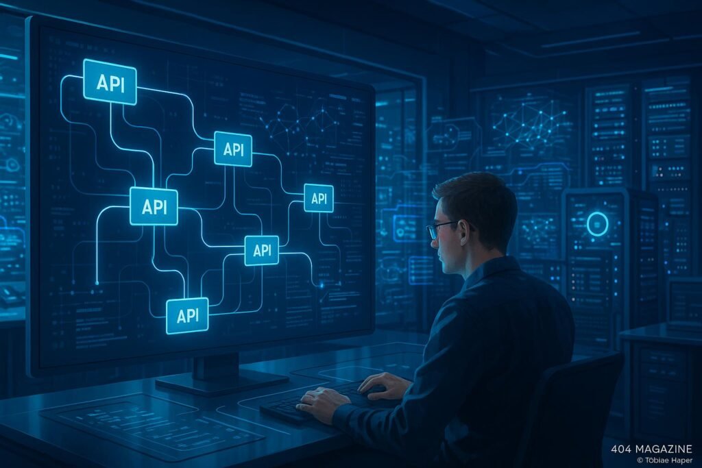 Futuristisches Büro mit holographischen Datenströmen, API-Visualisierungen und einem Tech-Experten, der an einem großen Bildschirm arbeitet