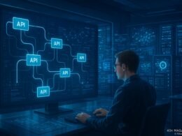 Futuristisches Büro mit holographischen Datenströmen, API-Visualisierungen und einem Tech-Experten, der an einem großen Bildschirm arbeitet